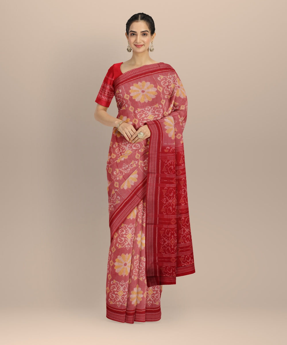 Pink red cotton handloom sambalpuri saree