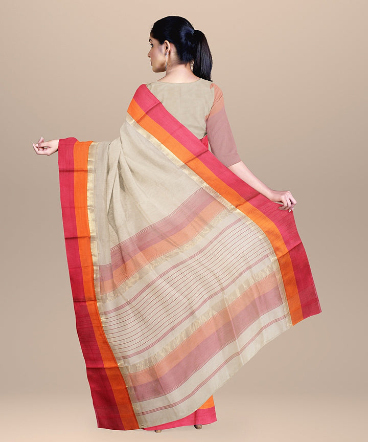 Offwhite pink orange handloom maheshwari cotton silk saree