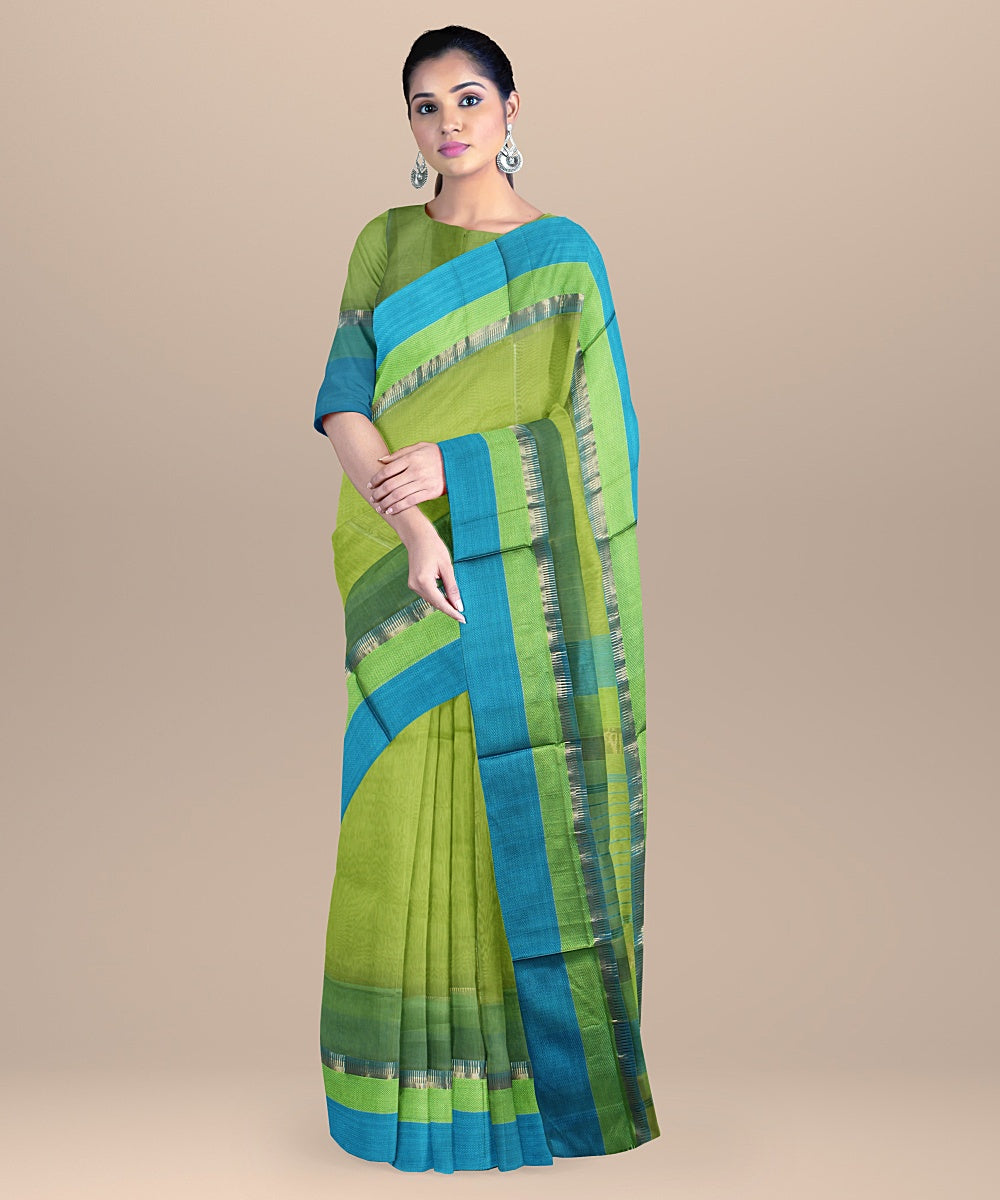 Light green cyan blue handloom maheshwari cotton silk saree