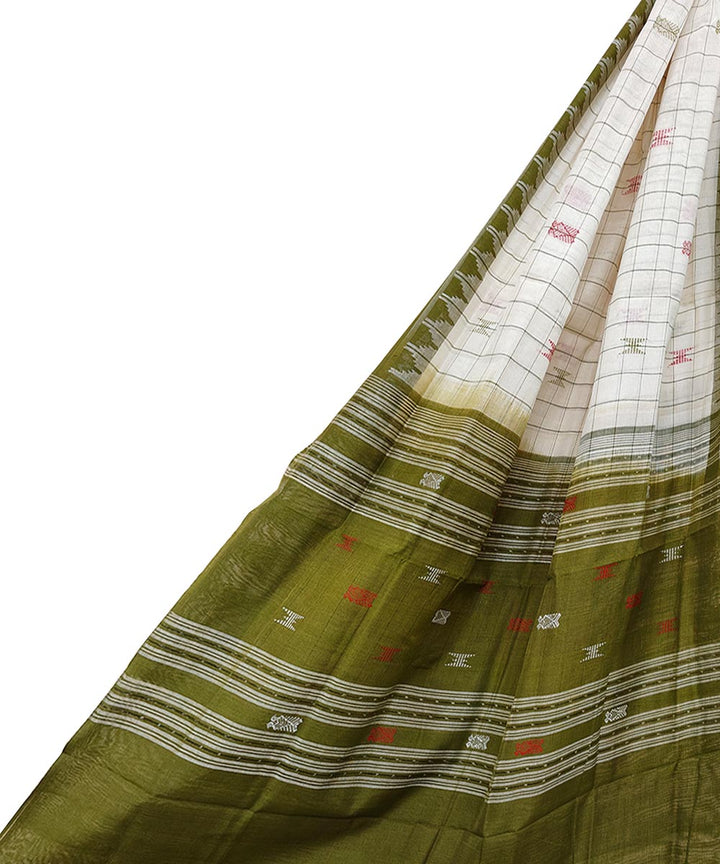 White olive green handwoven cotton sambalpuri dupatta