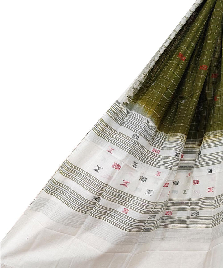 Olive green white handwoven cotton sambalpuri dupatta