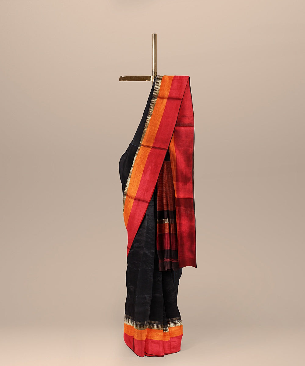 Black red orange handloom maheshwari cotton silk saree