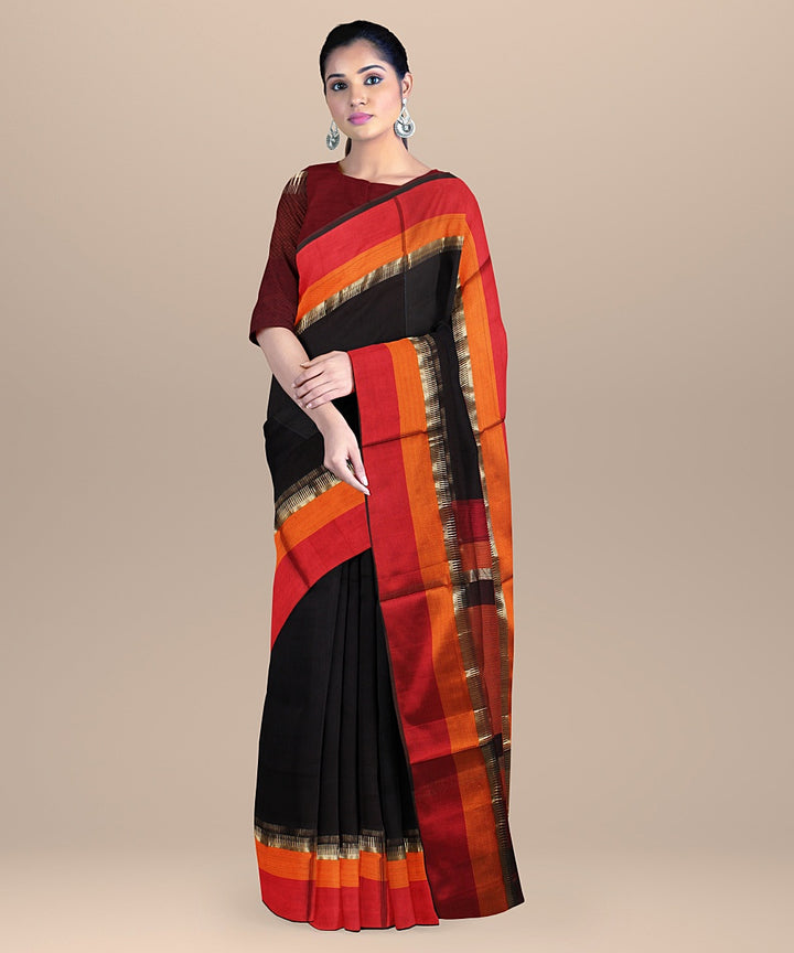 Black red orange handloom maheshwari cotton silk saree