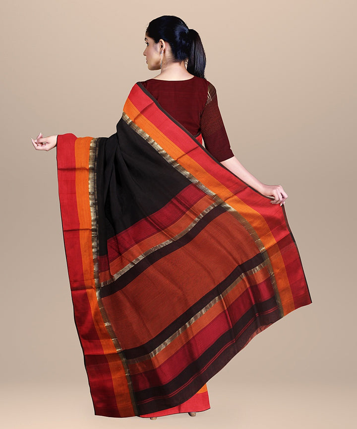 Black red orange handloom maheshwari cotton silk saree