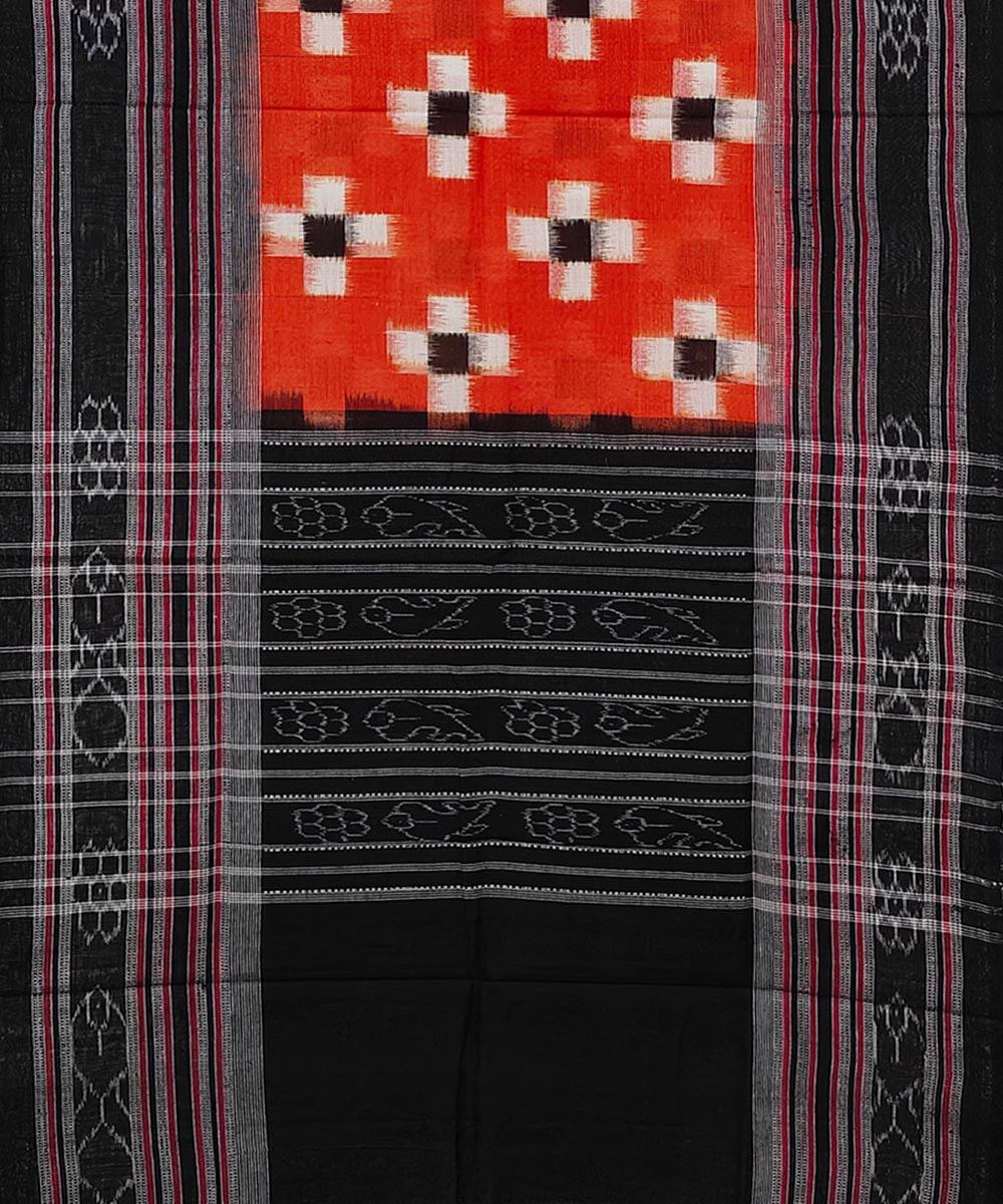 Orange black double ikkat handwoven cotton sambalpuri stole