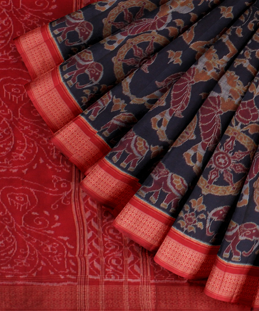 Navy blue red cotton handwoven sambalpuri saree