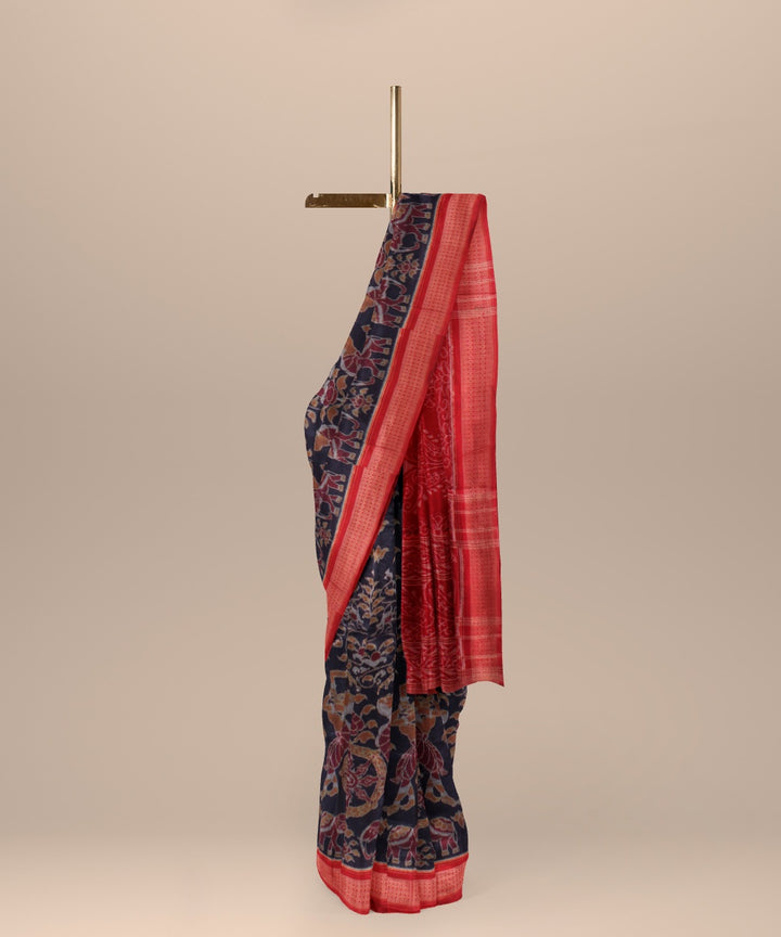 Navy blue red cotton handwoven sambalpuri saree