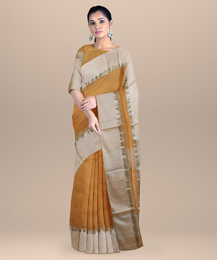 Light orange offwhite handloom maheshwari cotton silk saree