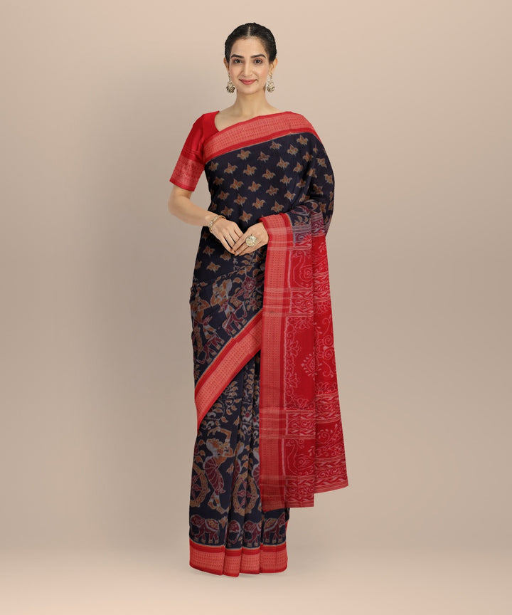 Navy blue red cotton handwoven sambalpuri saree