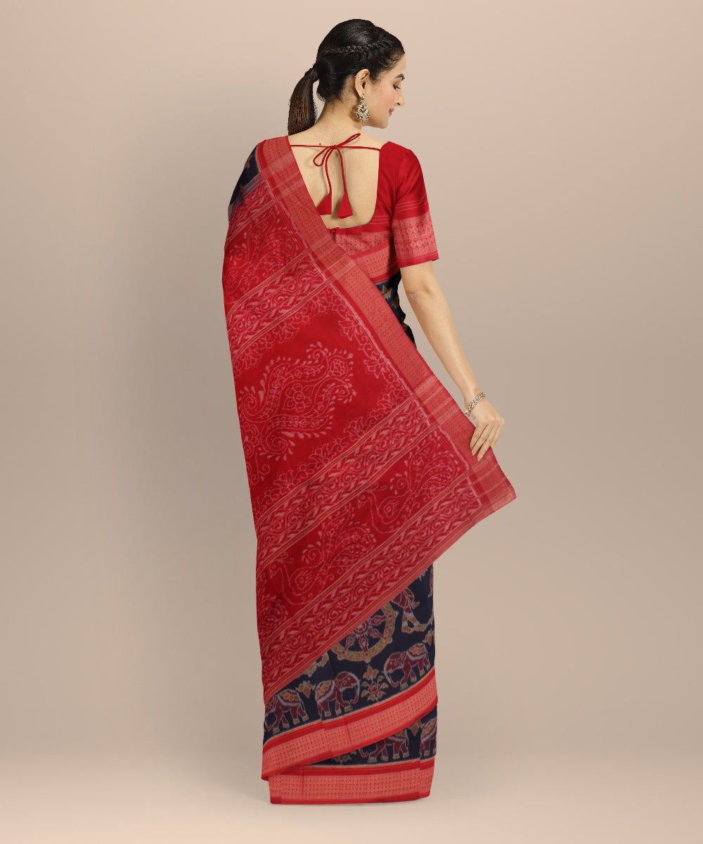 Navy blue red cotton handwoven sambalpuri saree