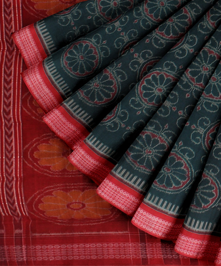 Dark green red cotton handwoven sambalpuri saree