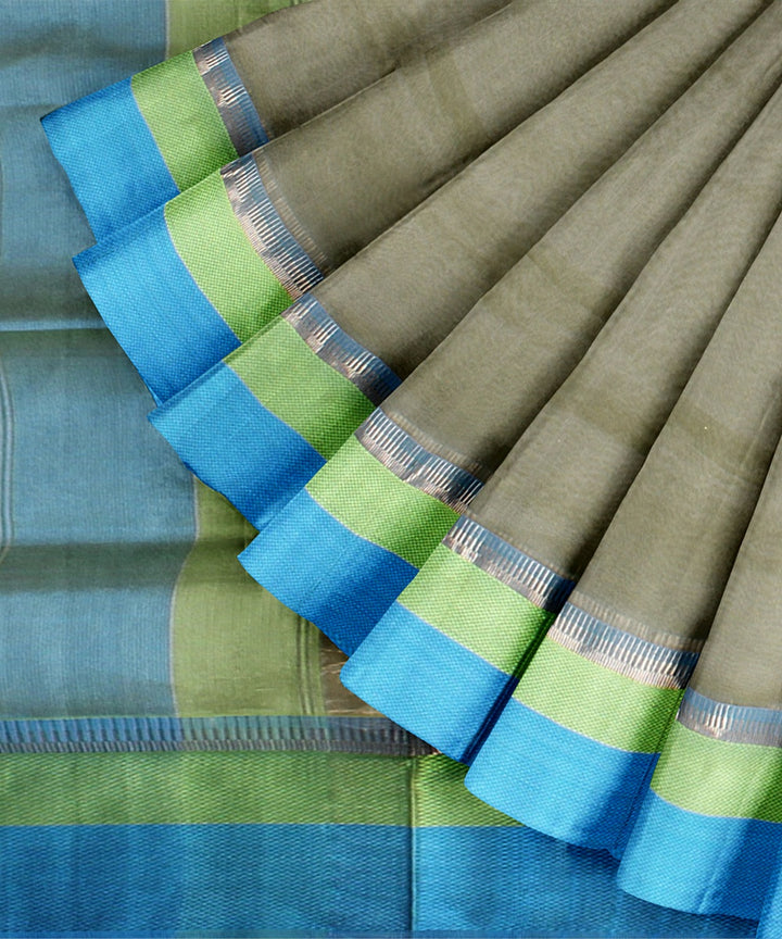 Olive green cyan blue handloom maheshwari cotton silk saree