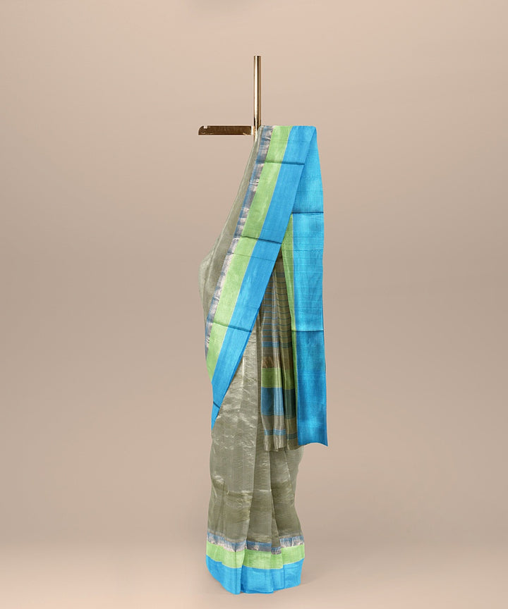 Olive green cyan blue handloom maheshwari cotton silk saree