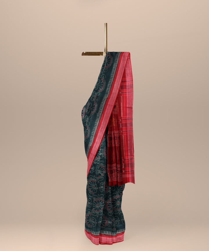 Dark green red cotton handwoven sambalpuri saree