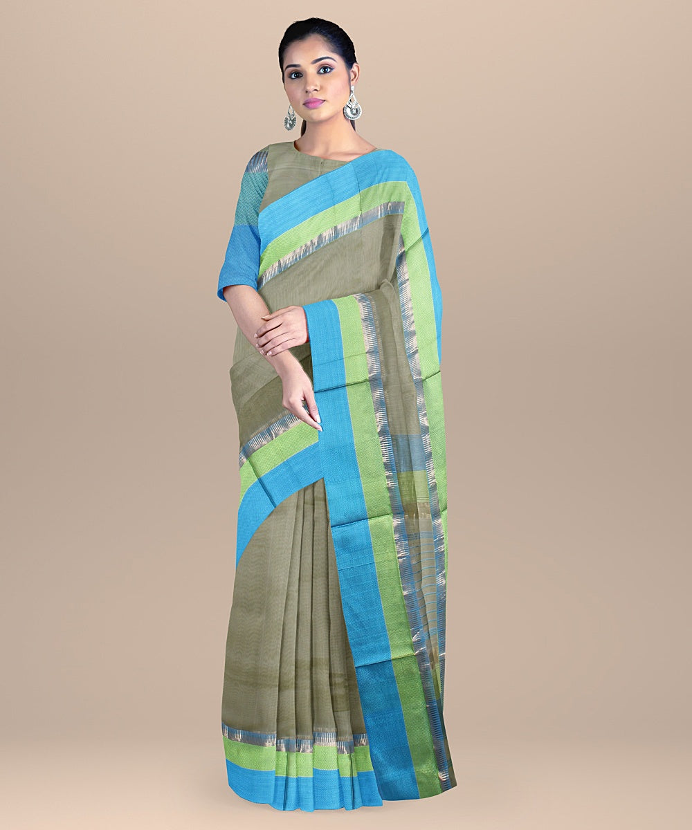 Olive green cyan blue handloom maheshwari cotton silk saree