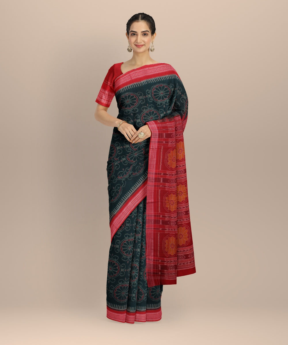 Dark green red cotton handwoven sambalpuri saree