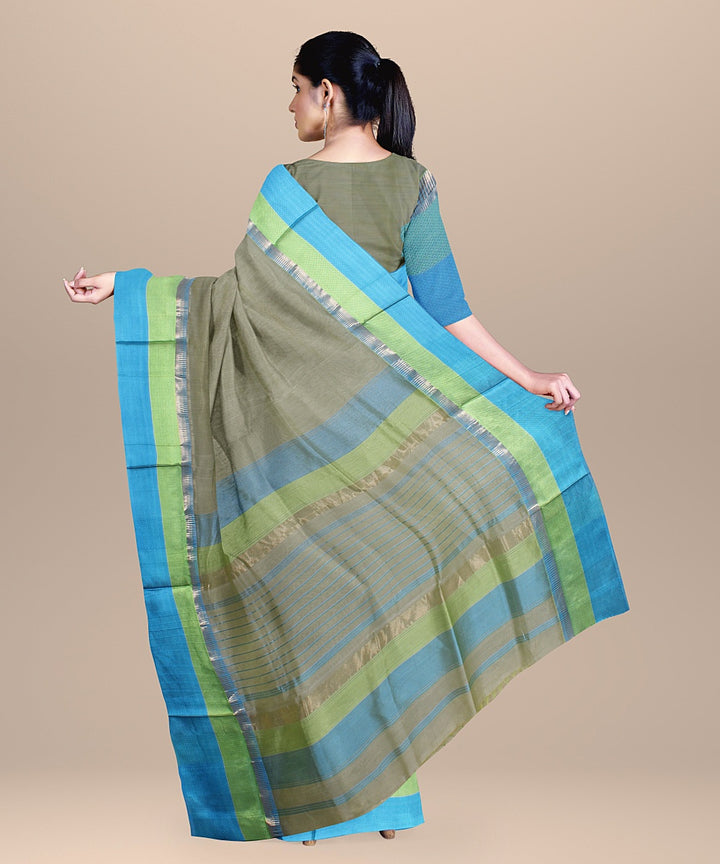 Olive green cyan blue handloom maheshwari cotton silk saree