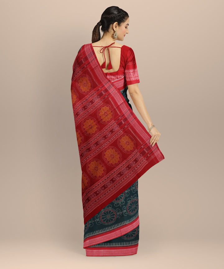 Dark green red cotton handwoven sambalpuri saree