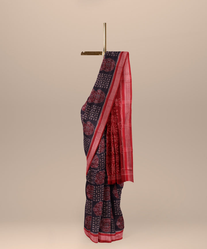 Navy blue red handloom cotton sambalpuri saree