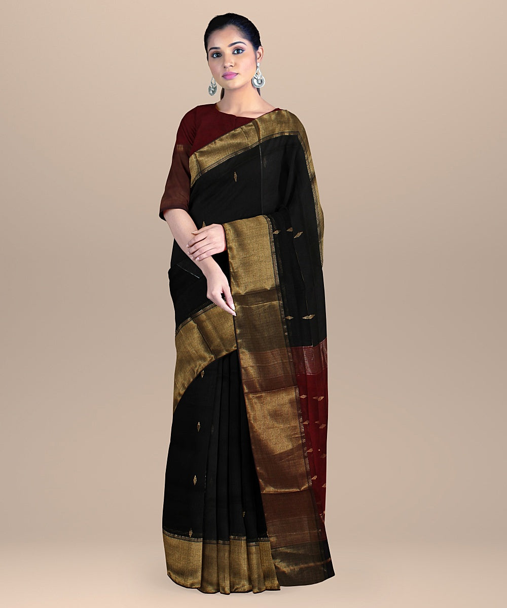 Black red handloom maheshwari cotton silk saree