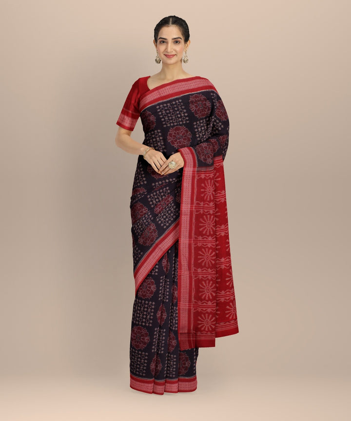 Navy blue red handloom cotton sambalpuri saree