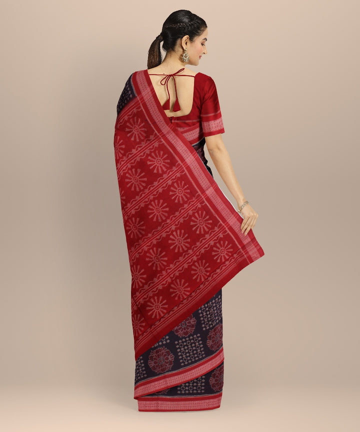 Navy blue red handloom cotton sambalpuri saree