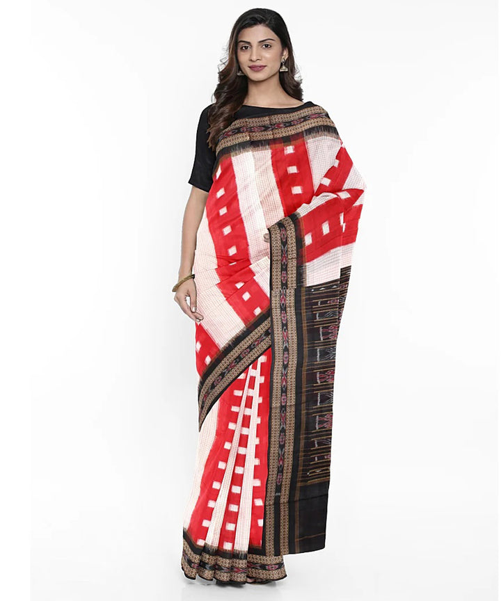 Red white stripe black cotton handwoven sambalpuri saree