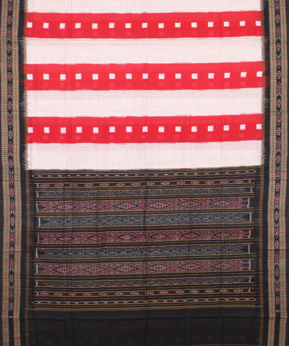 Red white stripe black cotton handwoven sambalpuri saree