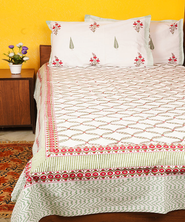 White yellow all over hand block printed cotton double bedsheet
