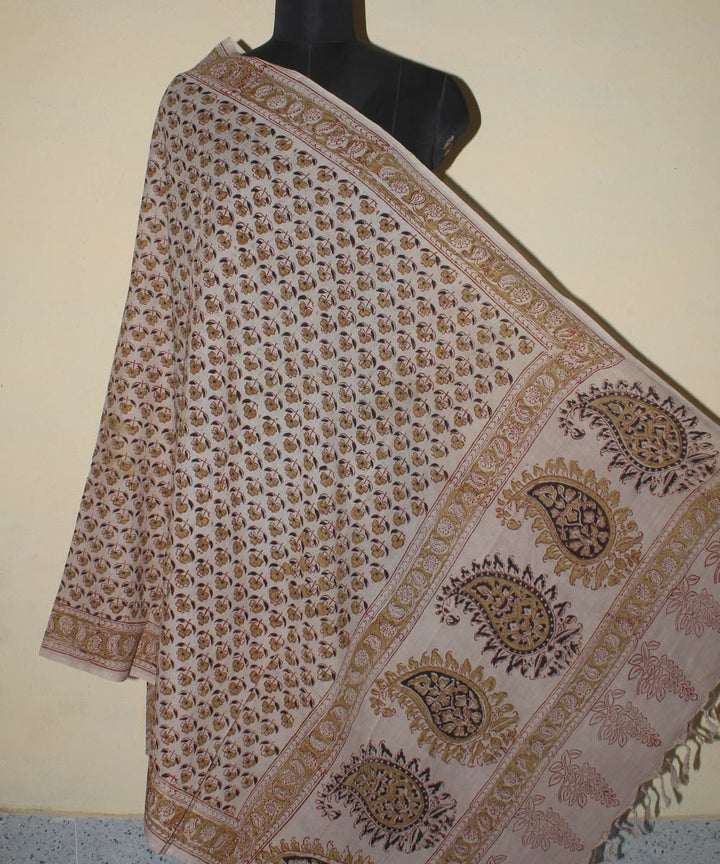 Beige yellow cotton hand printed kalamkari dupatta