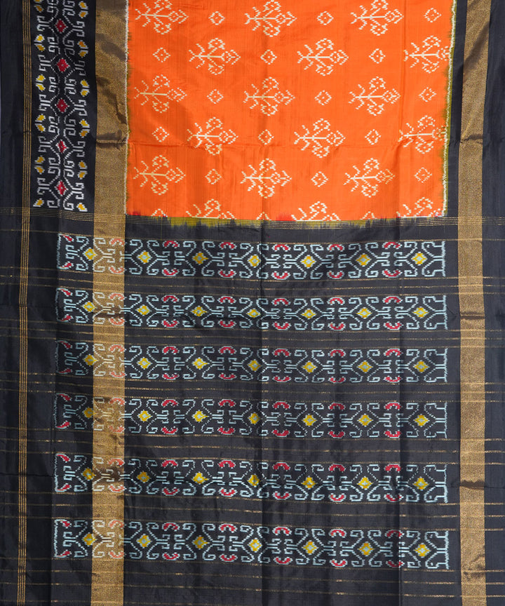 Orange black handwoven pochampally ikat silk saree