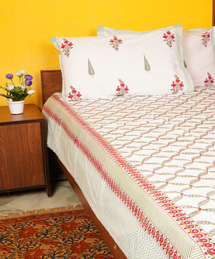 White yellow all over hand block printed cotton double bedsheet