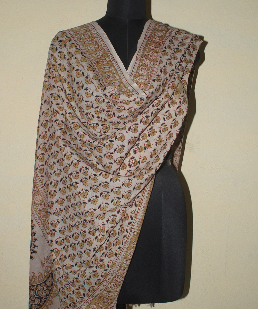 Beige yellow cotton hand printed kalamkari dupatta