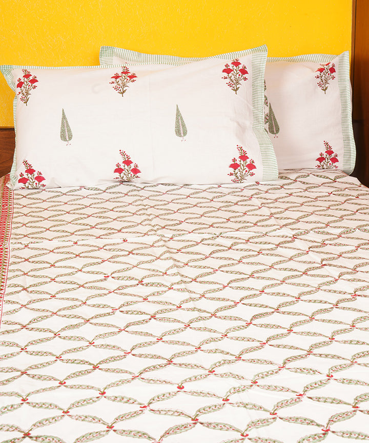 White yellow all over hand block printed cotton double bedsheet
