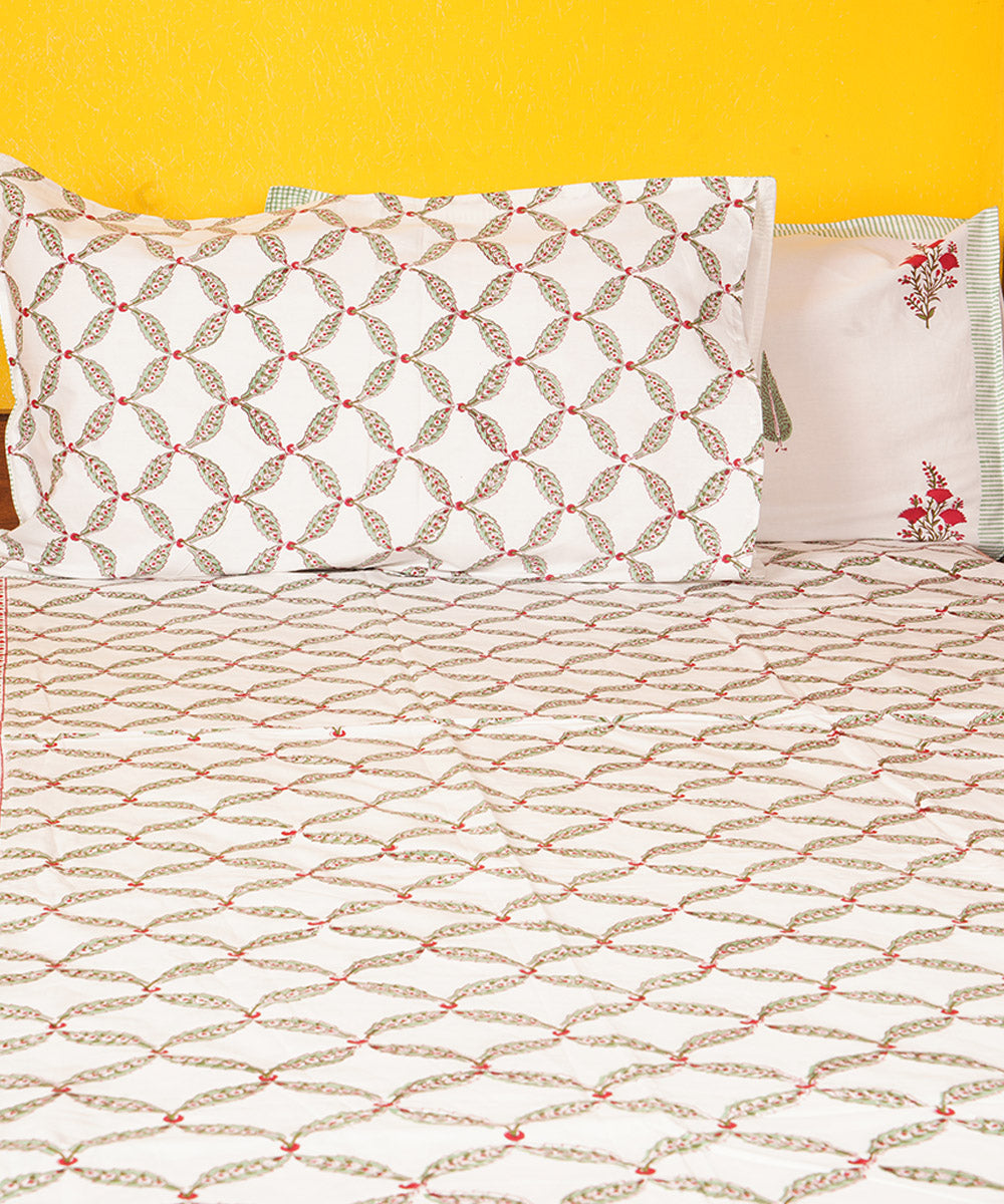 White yellow all over hand block printed cotton double bedsheet