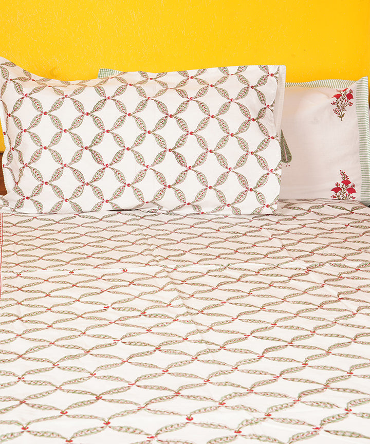White yellow all over hand block printed cotton double bedsheet