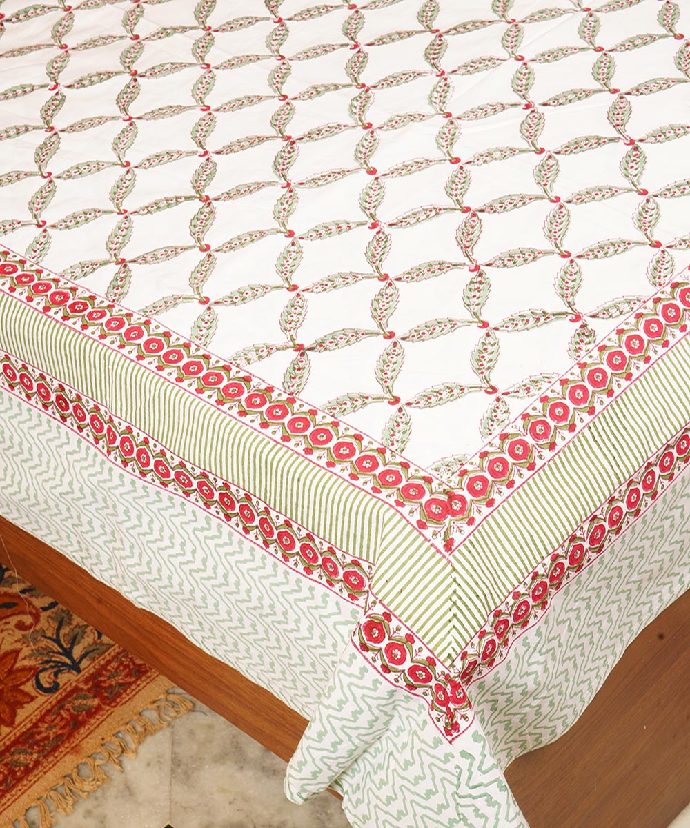 White yellow all over hand block printed cotton double bedsheet