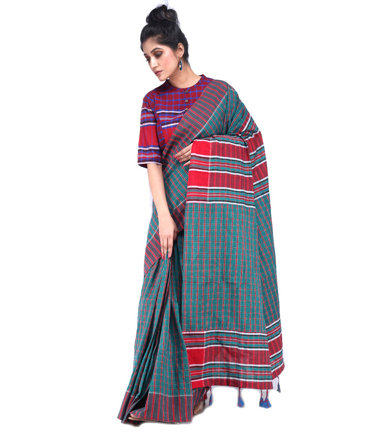 Dark green red cotton handloom gamcha saree