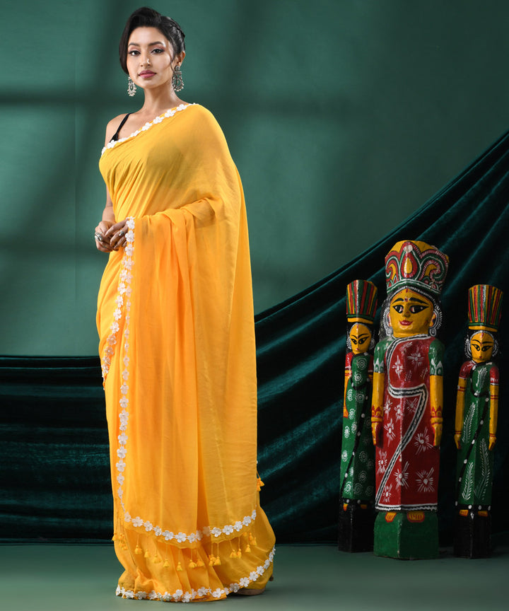 Yellow white handloom cotton bengal saree