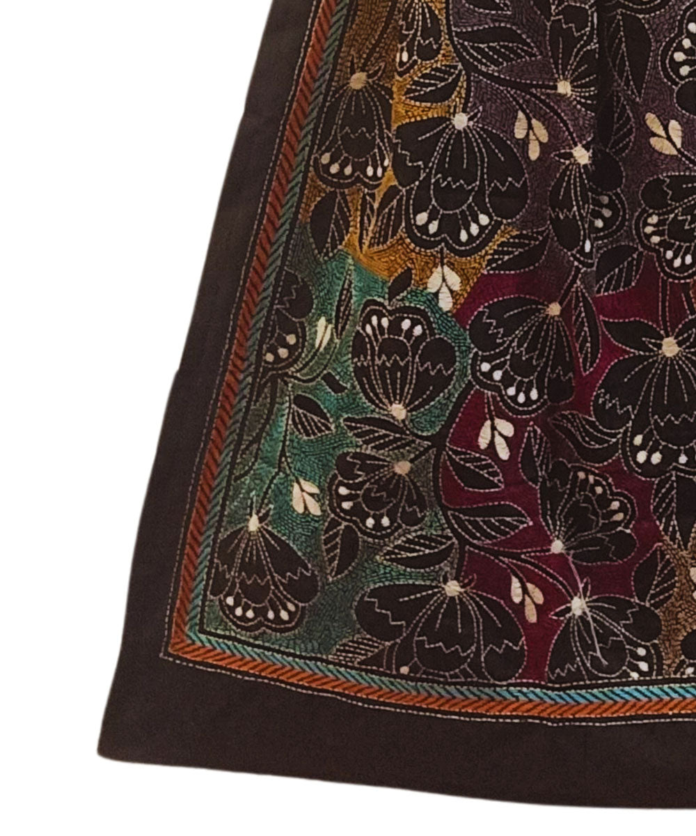 Black multicolor thread handwoven kantha stitch silk stole