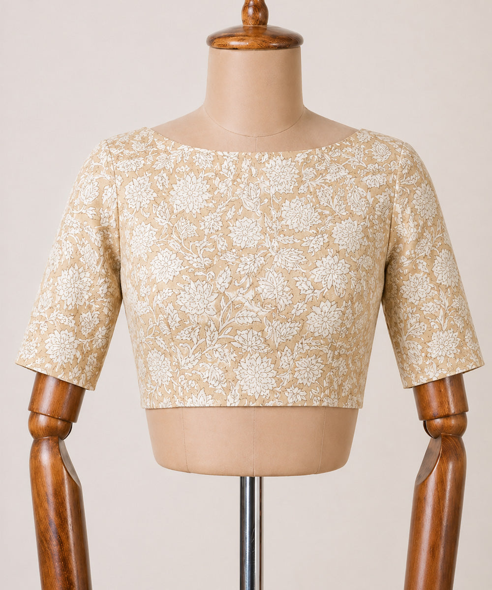 White beige cotton princess cut boat neck back zip opening blouse