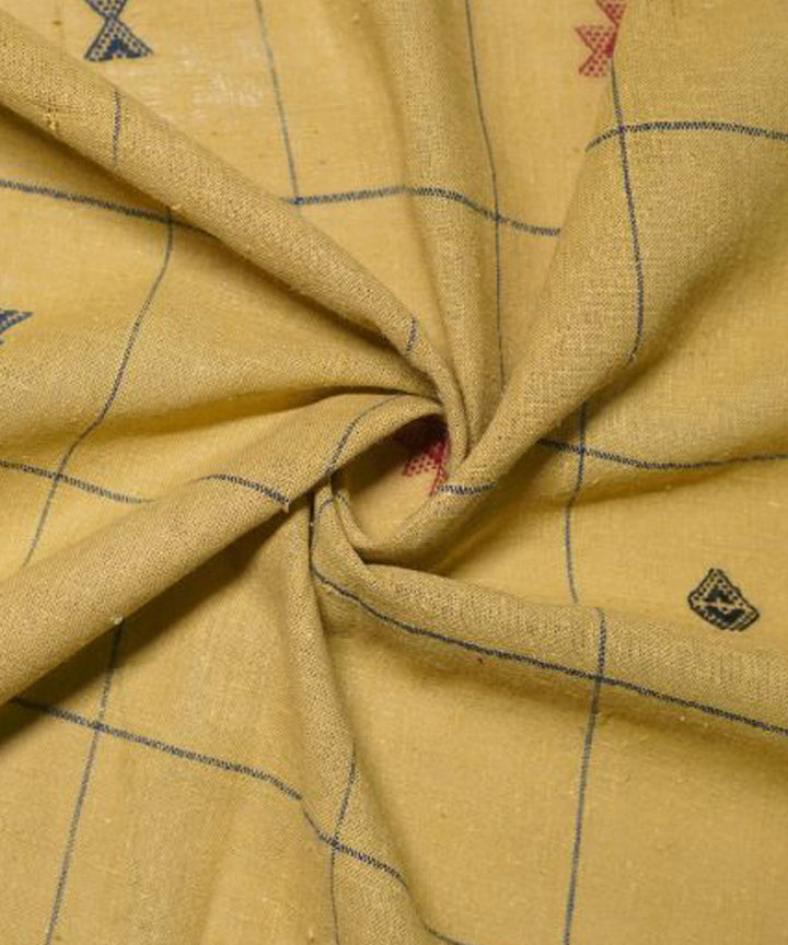 Mustard with blue red butti checks handspun handwoven cotton fabric