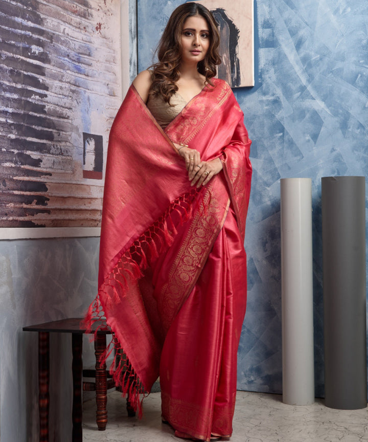Light red handwoven chhatisgarh tussar silk saree