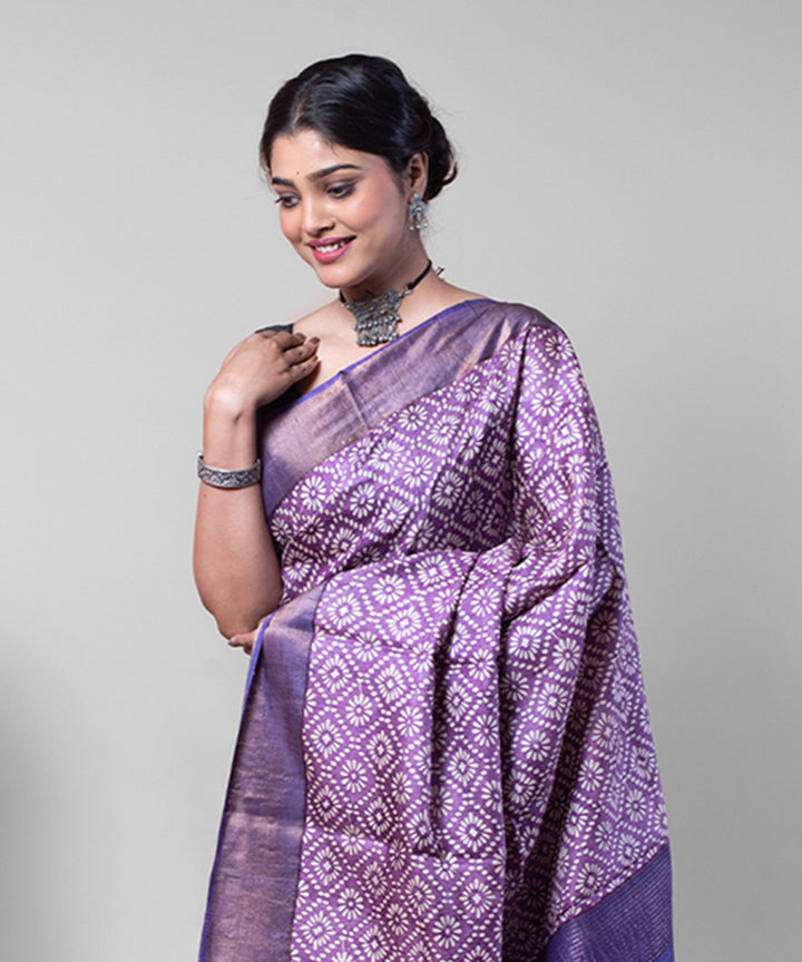 Mauve zari border tussar silk hand block printed saree