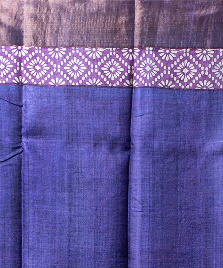 Mauve zari border tussar silk hand block printed saree