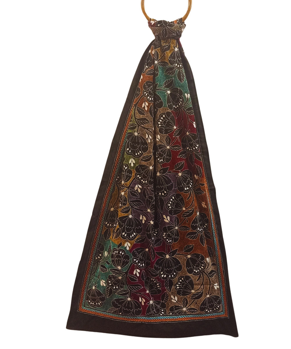Black multicolor thread handwoven kantha stitch silk stole