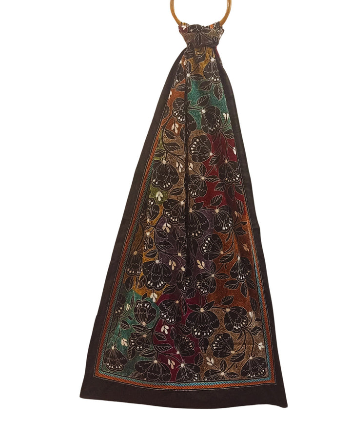 Black multicolor thread handwoven kantha stitch silk stole