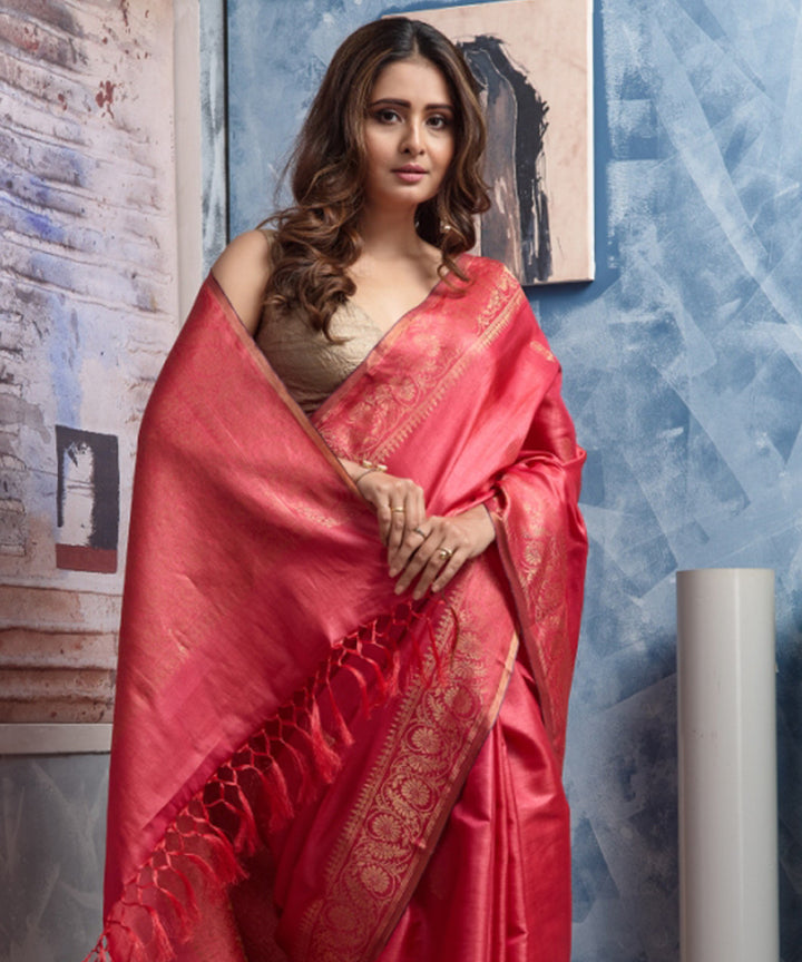 Light red handwoven chhatisgarh tussar silk saree