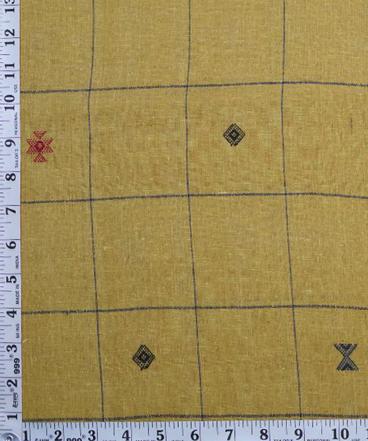 Mustard with blue red butti checks handspun handwoven cotton fabric