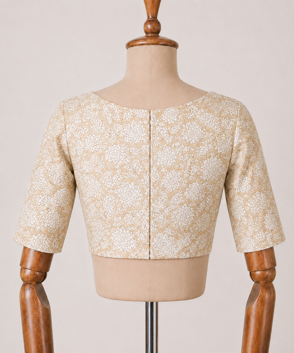 White beige cotton princess cut boat neck back zip opening blouse